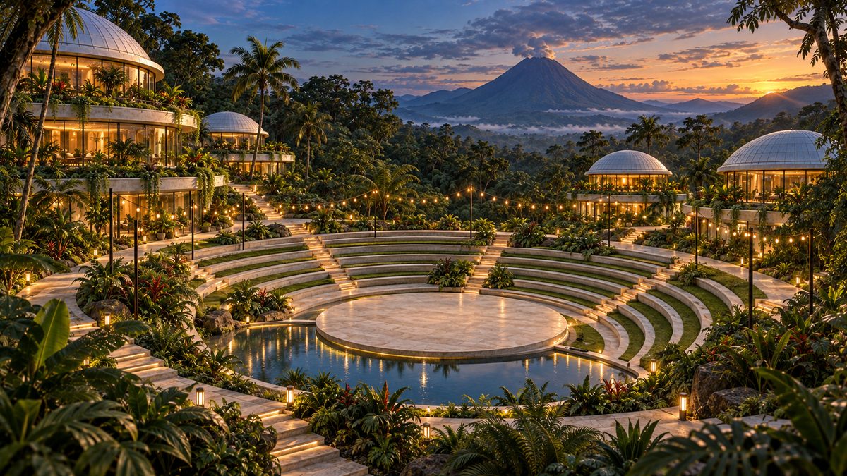 Concept rendering of the city: a circular open-air amphitheatre with stepped stone seating around a round stage, festoon lights strung overhead, domed pavilions and a volcano beyond at dusk.