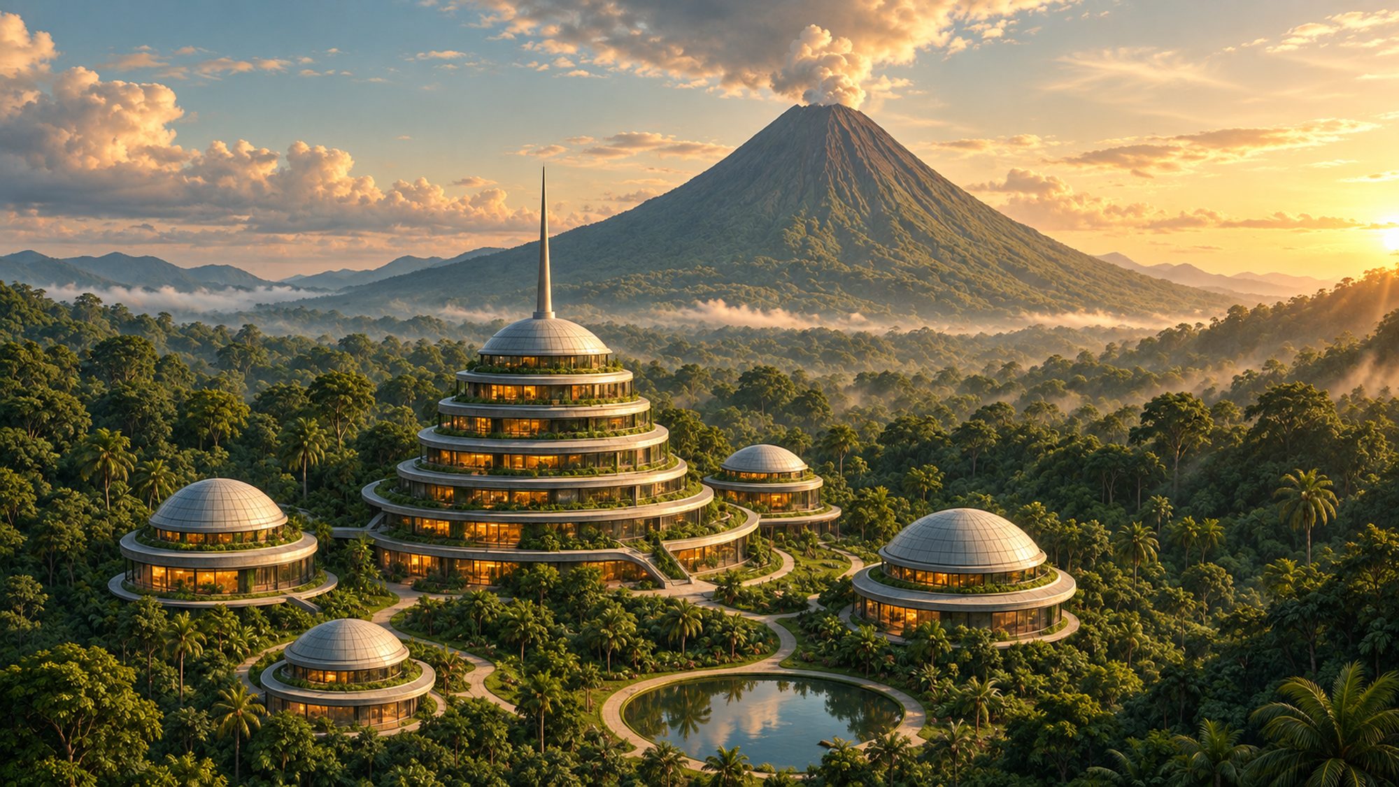 Concept rendering of the city: a tiered circular pavilion with a slender spire rising from dense jungle at sunrise, smaller domed buildings and a lake around it, a volcano behind.