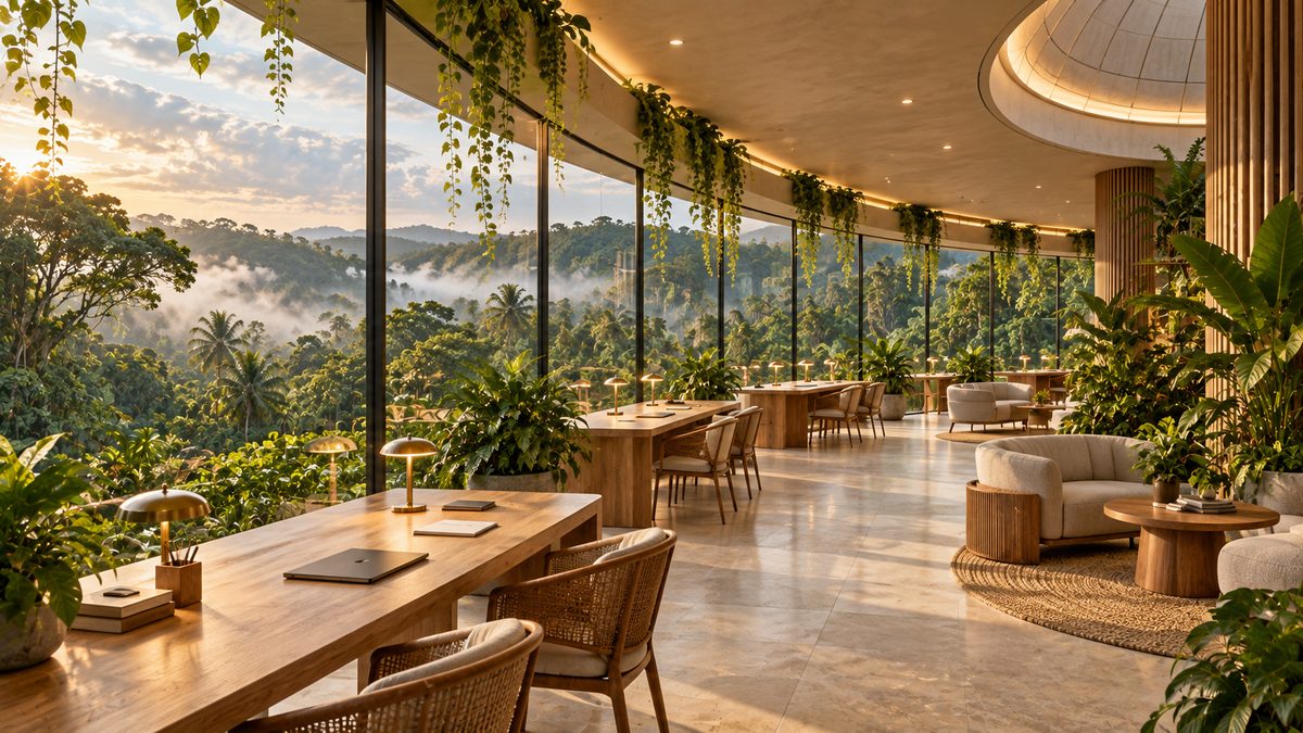Concept rendering of the city: a curved interior workspace with long timber desks, task lamps, soft seating and hanging plants behind a full-height glass wall onto misted jungle.