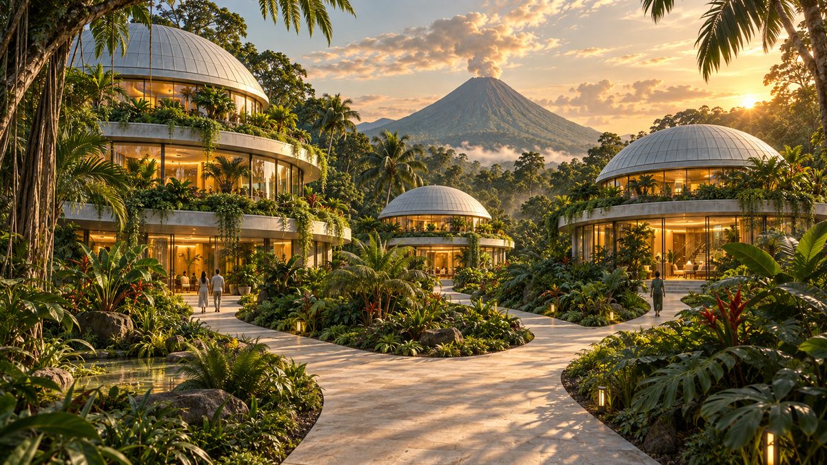 Concept rendering of the city: domed glass pavilions linked by pale stone paths through tropical planting, a few people walking, a volcano in the distance at golden hour.