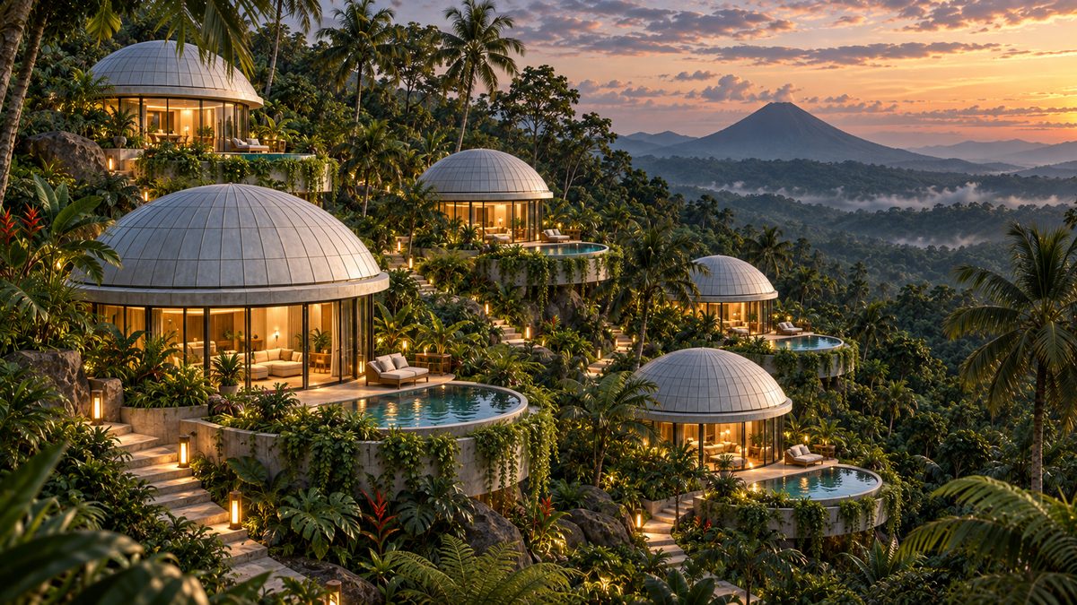 Concept rendering of the city: domed villas stepped down a jungle hillside, each with a lit interior and a small private pool, a volcano on the horizon at sunset.